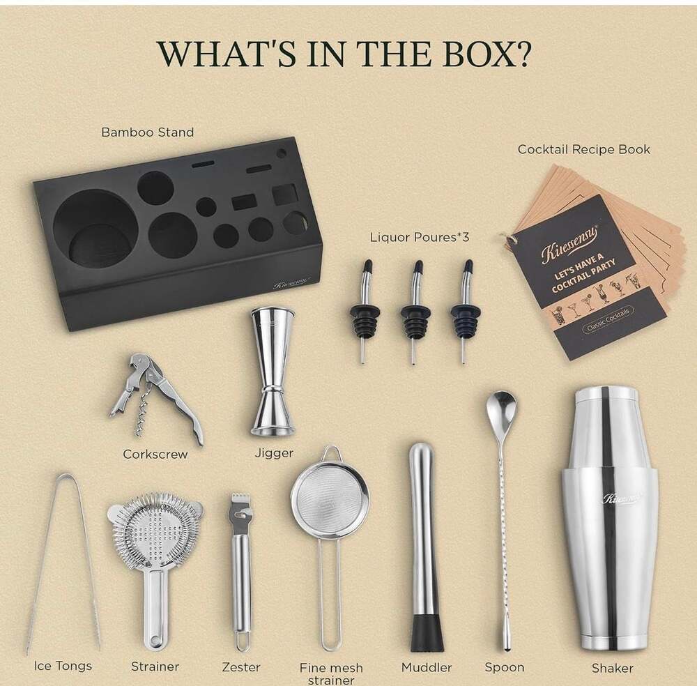Kitessensu 15-Piece Cocktail Shaker Set with Bamboo Stand